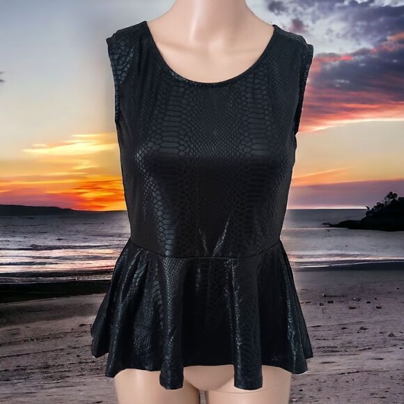 Vintage 90s Faux Leather Peplum Top S  Sexy Animal Print Embossed Wet Look Zips. - Picture 1 of 15